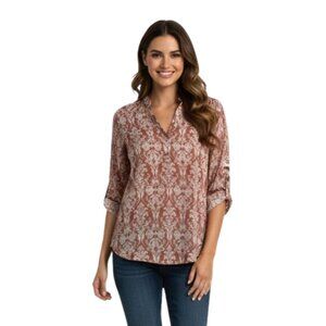 DNA Couture Pattern V-Neck Blouse Small S Sheer Rust Floral Button Tab Sleeve